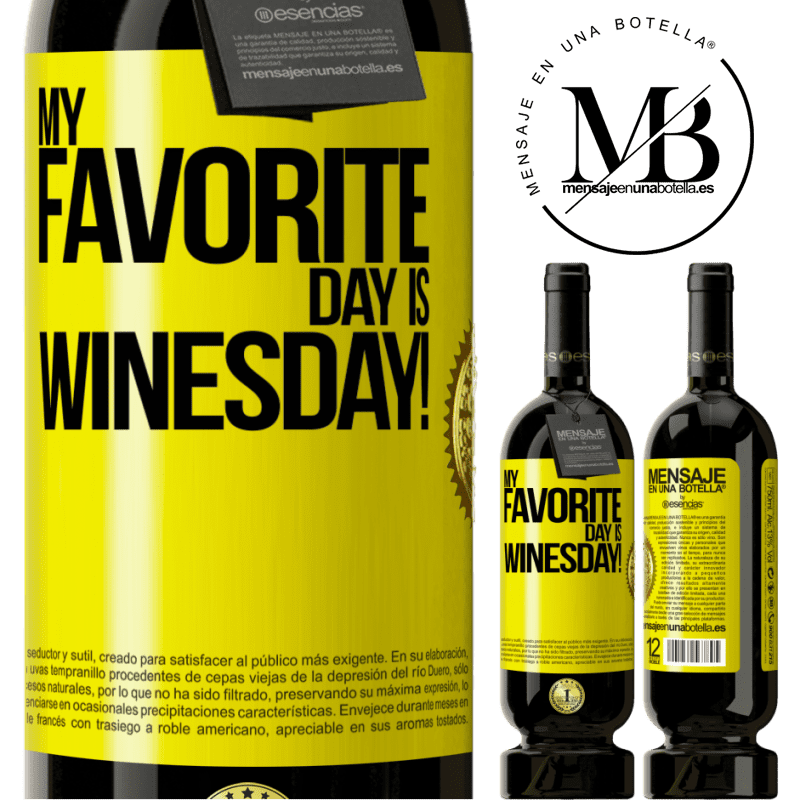 49,95 € Spedizione Gratuita | Vino rosso Edizione Premium MBS® Riserva My favorite day is winesday! Etichetta Gialla. Etichetta personalizzabile Riserva 12 Mesi Raccogliere 2016 Tempranillo