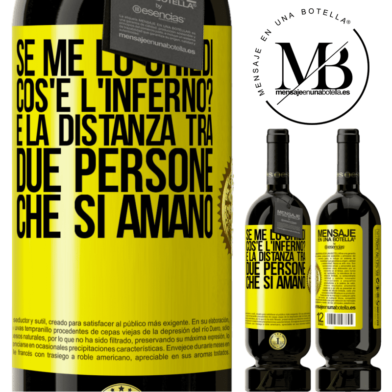 49,95 € Spedizione Gratuita | Vino rosso Edizione Premium MBS® Riserva Se me lo chiedi, cos'è l'inferno? È la distanza tra due persone che si amano Etichetta Gialla. Etichetta personalizzabile Riserva 12 Mesi Raccogliere 2014 Tempranillo