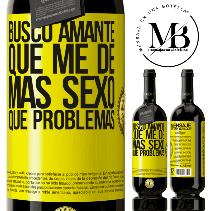 49,95 € Envío gratis | Vino Tinto Edición Premium MBS® Reserva Busco amante que me de más sexo que problemas Etiqueta Amarilla. Etiqueta personalizable Reserva 12 Meses Cosecha 2014 Tempranillo