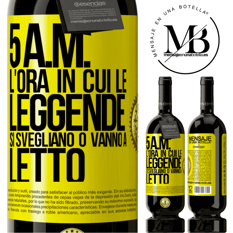 49,95 € Spedizione Gratuita | Vino rosso Edizione Premium MBS® Riserva 5 A.M. L'ora in cui le leggende si svegliano o vanno a letto Etichetta Gialla. Etichetta personalizzabile Riserva 12 Mesi Raccogliere 2015 Tempranillo