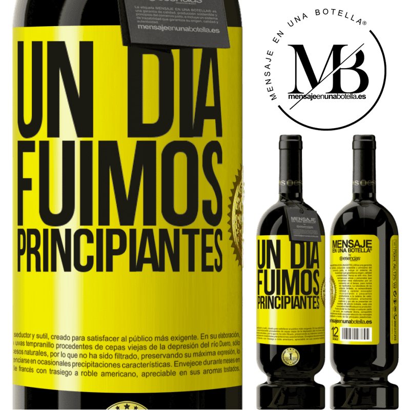 49,95 € Envío gratis | Vino Tinto Edición Premium MBS® Reserva Un día fuimos principiantes Etiqueta Amarilla. Etiqueta personalizable Reserva 12 Meses Cosecha 2015 Tempranillo