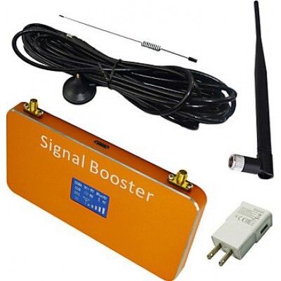 Mobile phone signal booster. Amplifier with Whip and Sucker antennas. Gold color. LCD Display