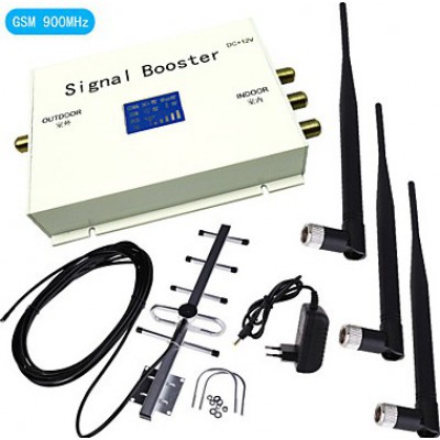 Mobile phone signal booster. Amplifier with Whip and Yagi Antennas. White color. LCD Display