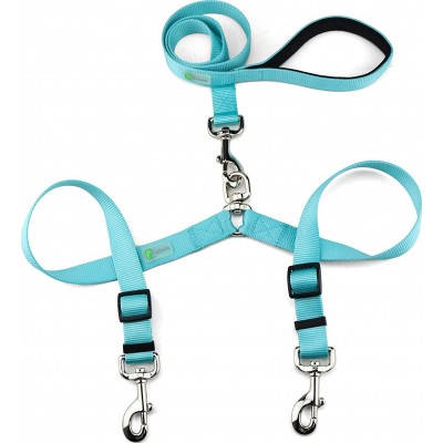 Double Dog Leash. Tangle Free. Adjustable Length. Comfortable Padded Handle. Turquoise Color