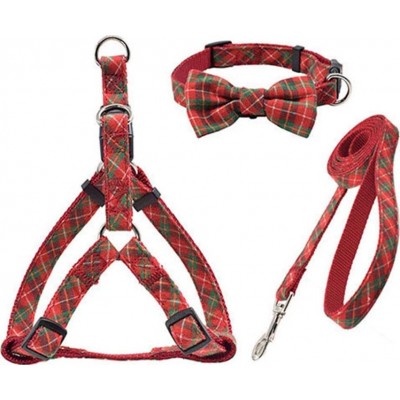 Dog harness. Adjustable plaid. Vest harness and bow collar and leash Red
