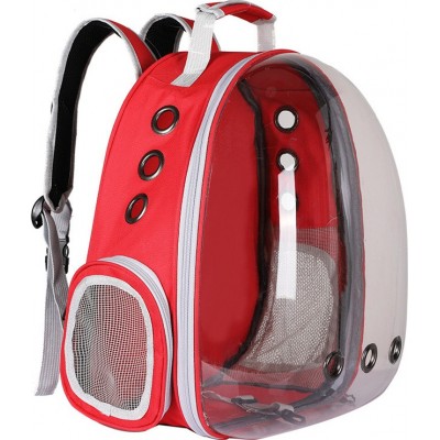Portable pet carrier bag. Breathable. Backpack for cats and small dogs. Transparent Red