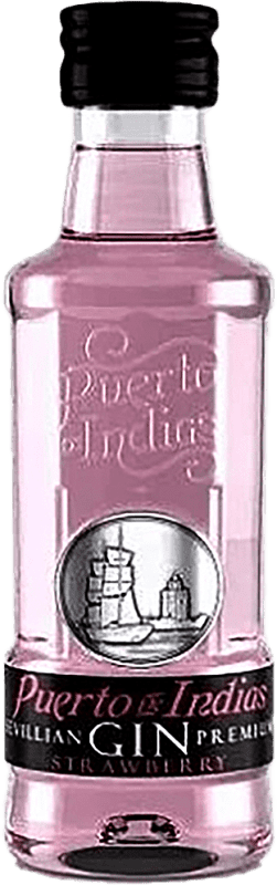 63,95 € Spedizione Gratuita | Scatola da 24 unità Genever Gin Puerto de Indias Bottiglietta Mignon 5 cl Fresa — Fragola