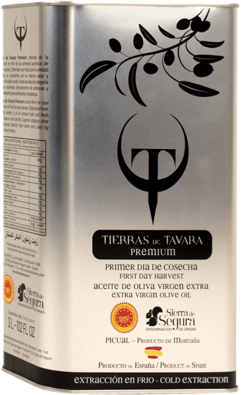 66,95 € Envío gratis | Aceite de Oliva Tierras de Tavara Premium, AOVE Virgen Extra D.O. Sierra de Segura Lata Especial 3 L