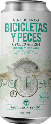 105,95 € Envío gratis | Caja de 24 unidades Vino blanco Family Owned Bicicletas y Peces Blanco Ecológico Ecológico Lata 25 cl