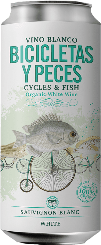 138,95 € Envio grátis | Caixa de 24 unidades Vinho branco Family Owned Bicicletas y Peces Blanco Ecológico Lata 25 cl