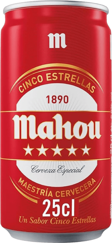 33,95 € Envio grátis | Caixa de 24 unidades Cerveja Mahou 5 Estrellas Lager Especial Dorada Lata 25 cl