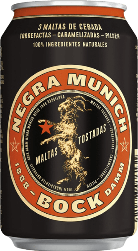 58,95 € Envio grátis | Caixa de 24 unidades Cerveja Estrella Damm Negra Munich Bock Maltas Tostadas Original Lata 33 cl