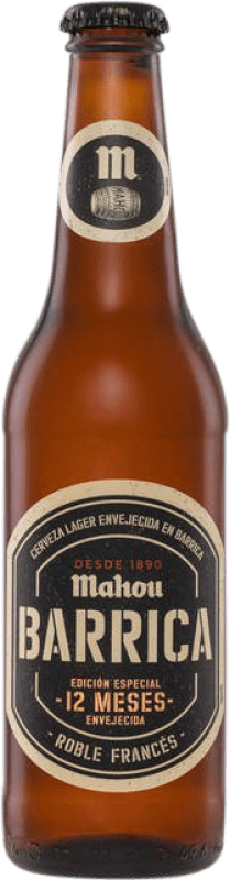 Kostenloser Versand | 12 Einheiten Box Bier Mahou 12 Meses Lager, Spezial Holzfass Gemeinschaft von Madrid Spanien Drittelliterflasche 33 cl