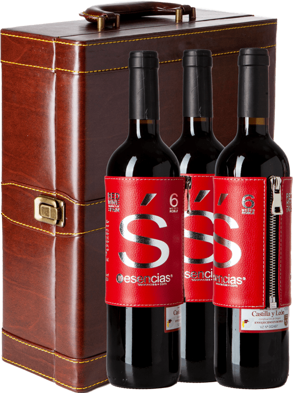 44,96 € | Red wine Esencias Briefcase. Luxury Case with 3 bottles «S» Premium Edition 6 Months Leather Label Crianza I.G.P. Vino de la Tierra de Castilla y León Castilla y León Spain Tempranillo Bottle 75 cl