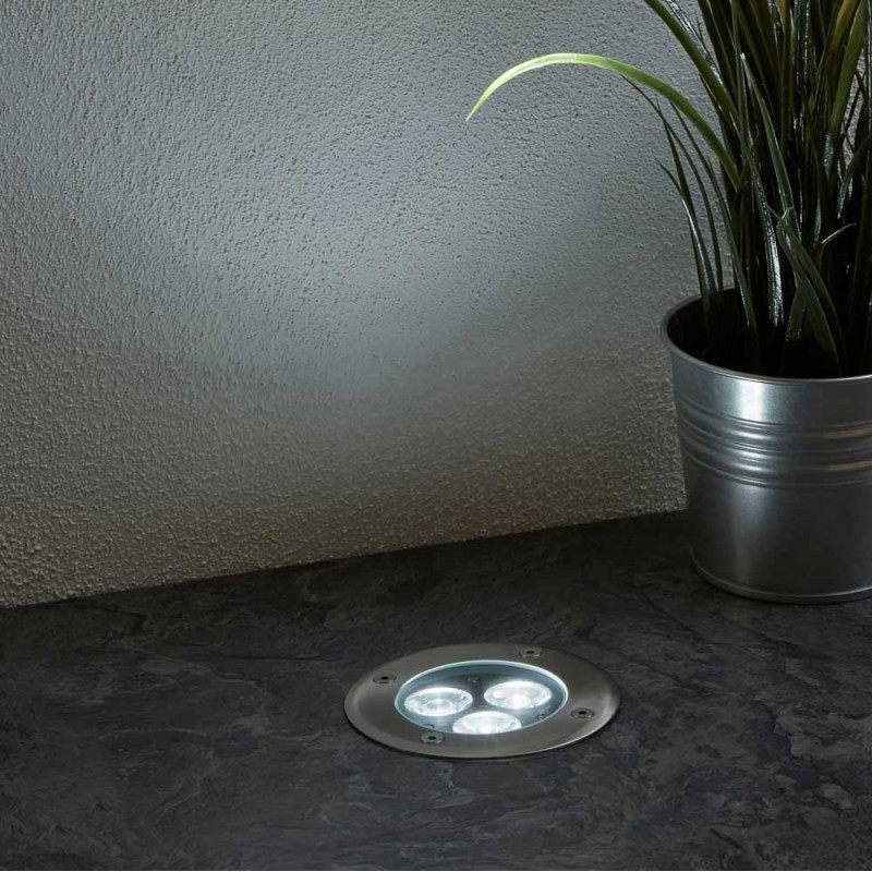 21,95 € Free Shipping | Luminous beacon 3W 6000K Cold light. Round Shape Ø 10 cm. Recessed floor spotlight. Waterproof. 3 integrated LEDs Terrace and garden. Stainless steel. Stainless steel Color