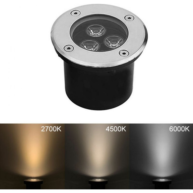 19,95 € Free Shipping | In-Ground lighting 3W 6000K Cold light. Round Shape Ø 10 cm. Recessed floor spotlight. Waterproof. 3 integrated LEDs Terrace and garden. Stainless steel. Stainless steel Color