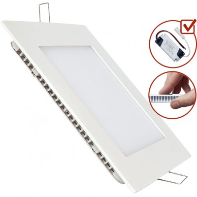 Iluminação embutida 15W 3000K Luz quente. 18×18 cm. Projetor Downlight LED + driver incluído. Painel LED extra-plano Slimline Alumínio. Cor branco
