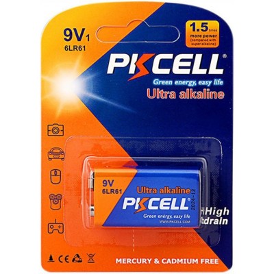 Baterias PKCell PK2077 9V (6LR61) 9V Bateria ultra alcalina. Entregue em Blister × 1 unidade