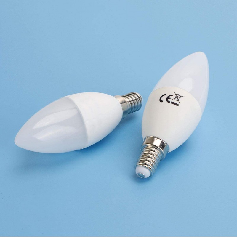7,95 € Free Shipping | 5 units box LED light bulb 6W E14 LED 3000K Warm light. 10×4 cm. LED candle bulb. EPISTAR SMD LED Chip. C35 filament. High brightness Aluminum and Polycarbonate. White Color