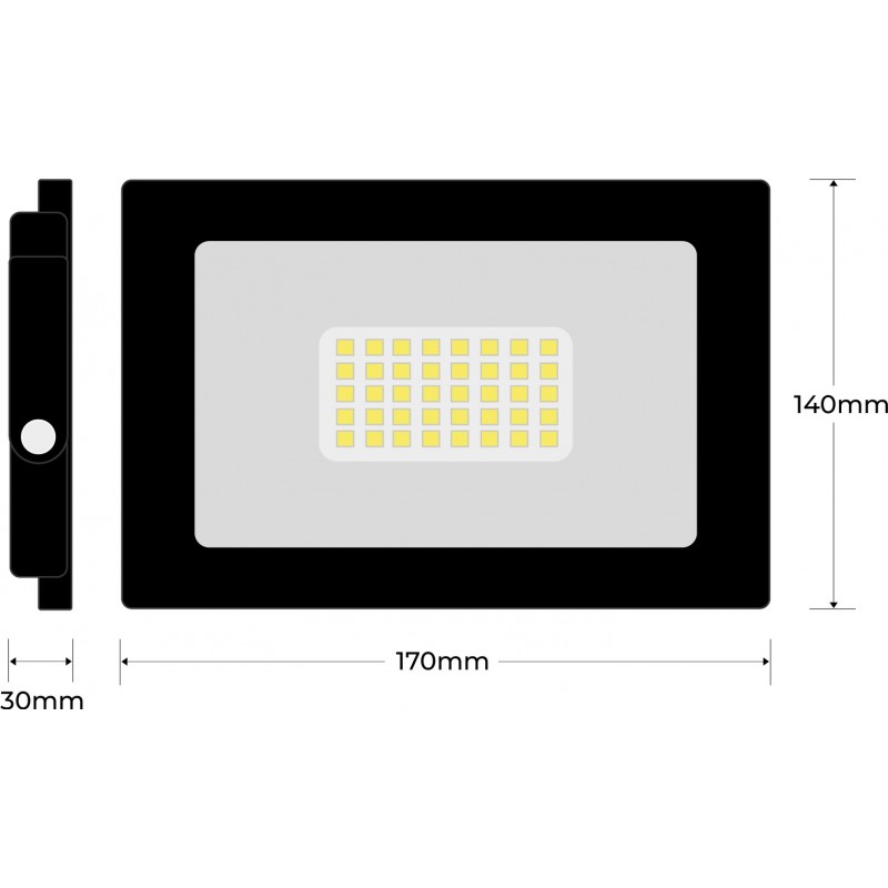 7,95 € Free Shipping | Flood and spotlight 30W 4500K Neutral light. Rectangular Shape 17×14 cm. EPISTAR LED SMD IPAD Chip. High brightness. Extra flat Terrace and garden. Cast aluminum and tempered glass. Black Color