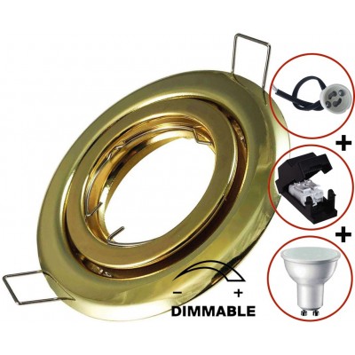 Caja de 50 unidades Iluminación empotrable 6W 3000K Luz cálida. Ø 9 cm. Intensidad regulable. Aro empotrable orientable y basculante + bombilla LED + portalámparas clase 2 (Clip-On) Aluminio. Color dorado