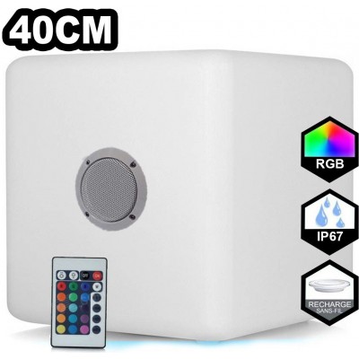 Meubles avec éclairage LED RGBW 40×40 cm. Cube lumineux LED multicolore RGB sans fil. Télécommande. Haut-parleur Bluetooth. Chargement sans fil. 12 LEDs Polyéthylène