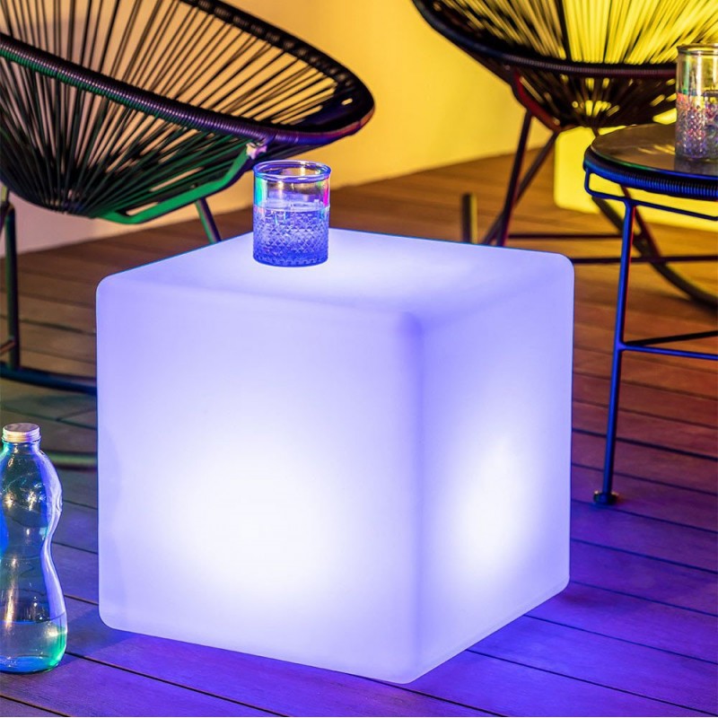 71,95 € Free Shipping | Furniture with lighting LED RGBW Cubic Shape 40×40 cm. Wireless RGB multicolor LED light cube. Remote control. Bluetooth speaker. Wireless charging. 12 integrated LEDs Terrace, garden and facilities. Polyethylene