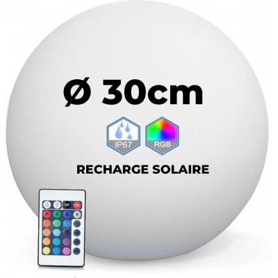 Mobiliario con iluminación LED RGBW Ø 30 cm. Bola de luz LED multicolor RGB inalámbrica. Control remoto. Recarga solar. 12 LED integrados Polietileno