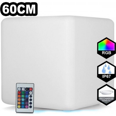 89,95 € Envío gratis | Mobiliario con iluminación LED RGBW 60×60 cm. Cubo de luz LED multicolor RGB inalámbrico. Control remoto. Recargable. 24 LED integrados Polietileno