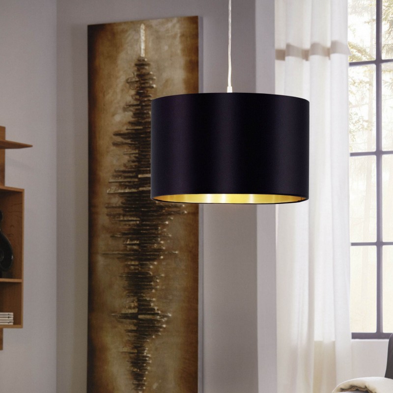 65,95 € Free Shipping | Hanging lamp Eglo Maserlo 60W Cylindrical Shape Ø 38 cm. Living room and dining room. Modern and design Style. Steel and Textile. Golden, black, nickel and matt nickel Color