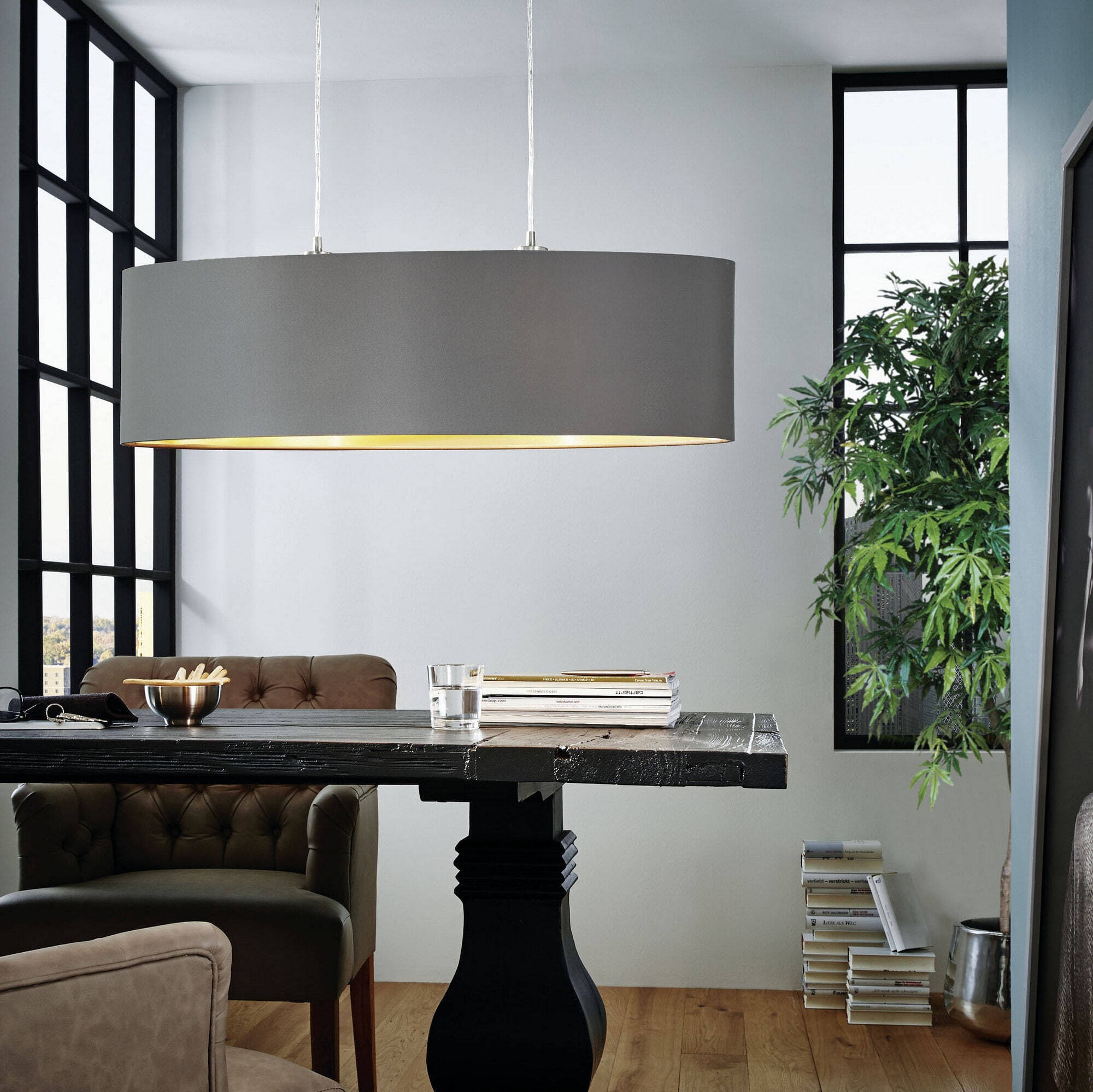108,95 € Kostenloser Versand | Hängelampe Eglo Maserlo 120W 110×78 cm. Stahl und textil. Golden, braun, nickel, matt nickel und hellbraun Farbe