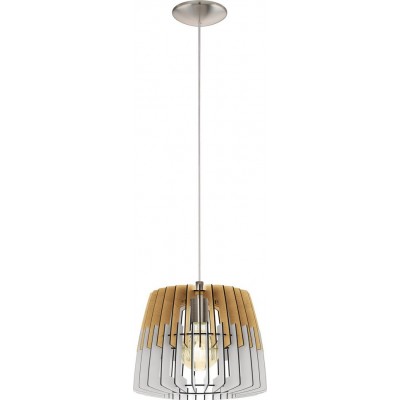 Hanging lamp Eglo Artana 60W Cylindrical Shape Ø 30 cm. Living room and dining room. Retro and vintage Style. Steel and wood. White, nickel, matt nickel and natural Color