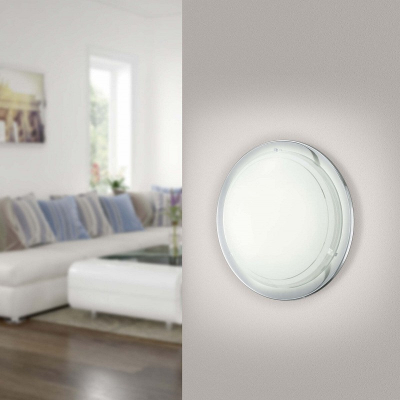 16,95 € Free Shipping | Indoor ceiling light Eglo Planet 1 60W Round Shape Ø 29 cm. Kitchen and bathroom. Modern Style. Steel, Glass and Lacquered glass. White, plated chrome and silver Color
