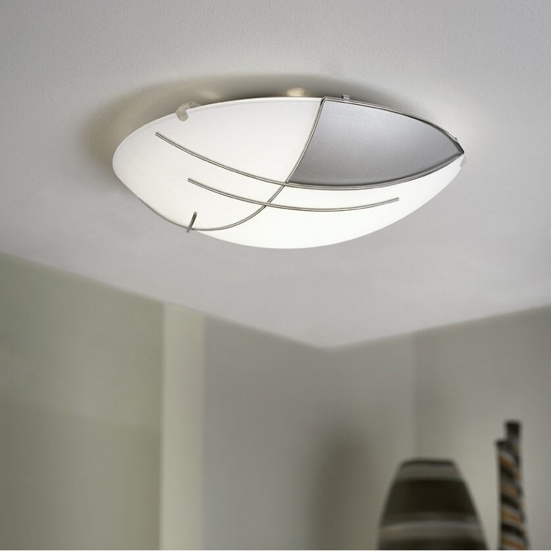 47,95 € Free Shipping | Indoor ceiling light Eglo Raya 60W Round Shape Ø 31 cm. Living room, dining room and bedroom. Modern Style. Steel, glass and satin glass. White, plated chrome and silver Color