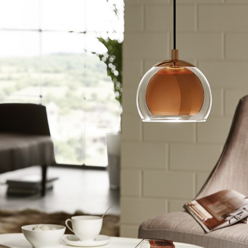 77,95 € Free Shipping | Hanging lamp Eglo Rocamar 40W Spherical Shape Ø 19 cm. Living room and dining room. Modern, sophisticated and design Style. Steel and Glass. Copper and golden Color