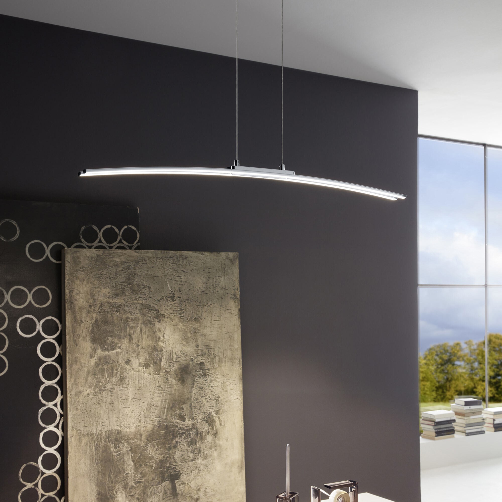 99,95 € Free Shipping | Hanging lamp Eglo Lasana 30W 3000K Warm light. 110×90 cm. Steel, aluminum and plastic. White, plated chrome and silver Color