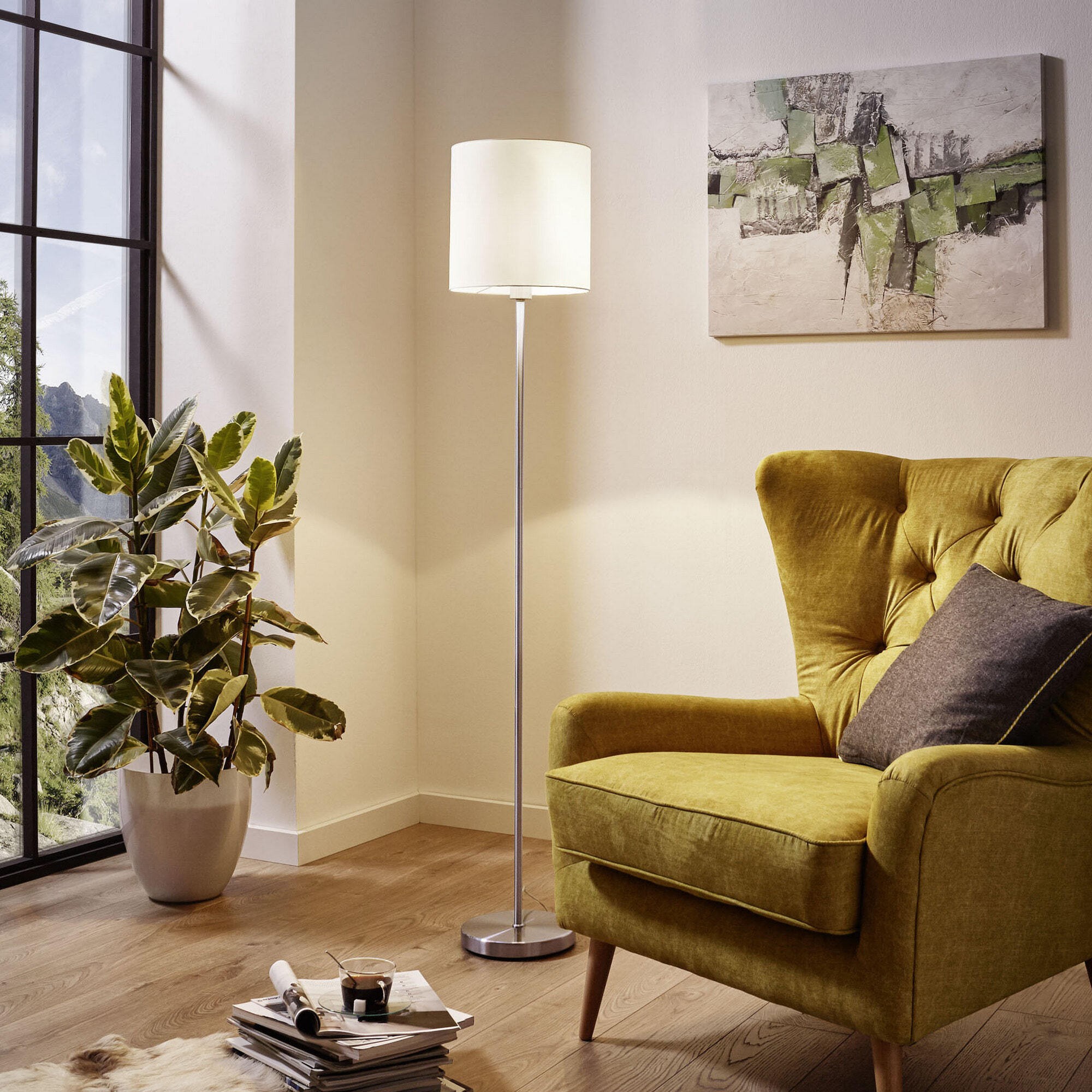 98,95 € Envio grátis | Luminária de piso Eglo Pasteri 60W Ø 28 cm. Aço e têxtil. Cor branco, níquel e níquel mate