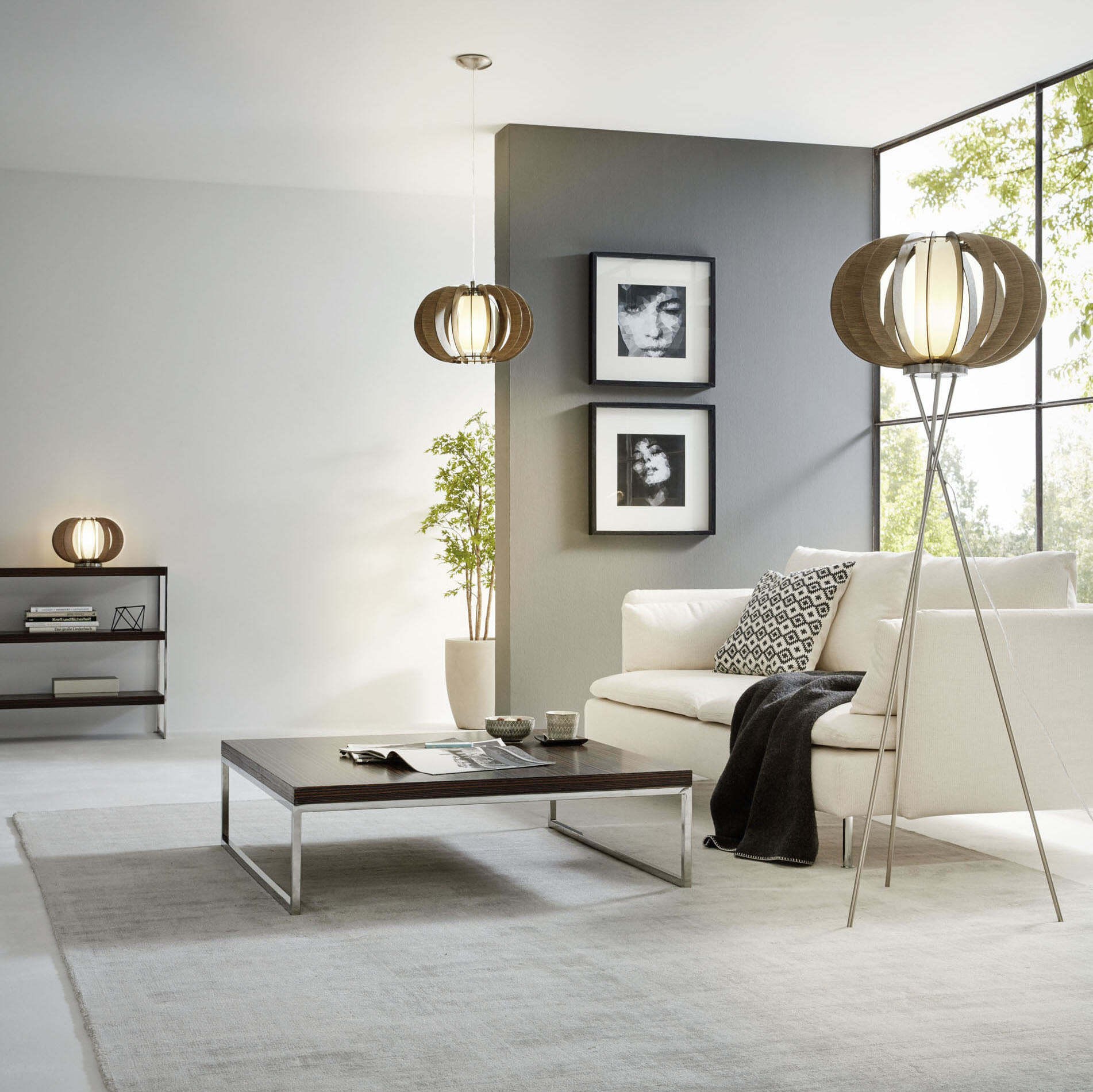 94,95 € Envío gratis | Lámpara de pie Eglo Stellato 3 60W Ø 50 cm. Acero, madera y vidrio. Color blanco, marrón, níquel y níquel mate