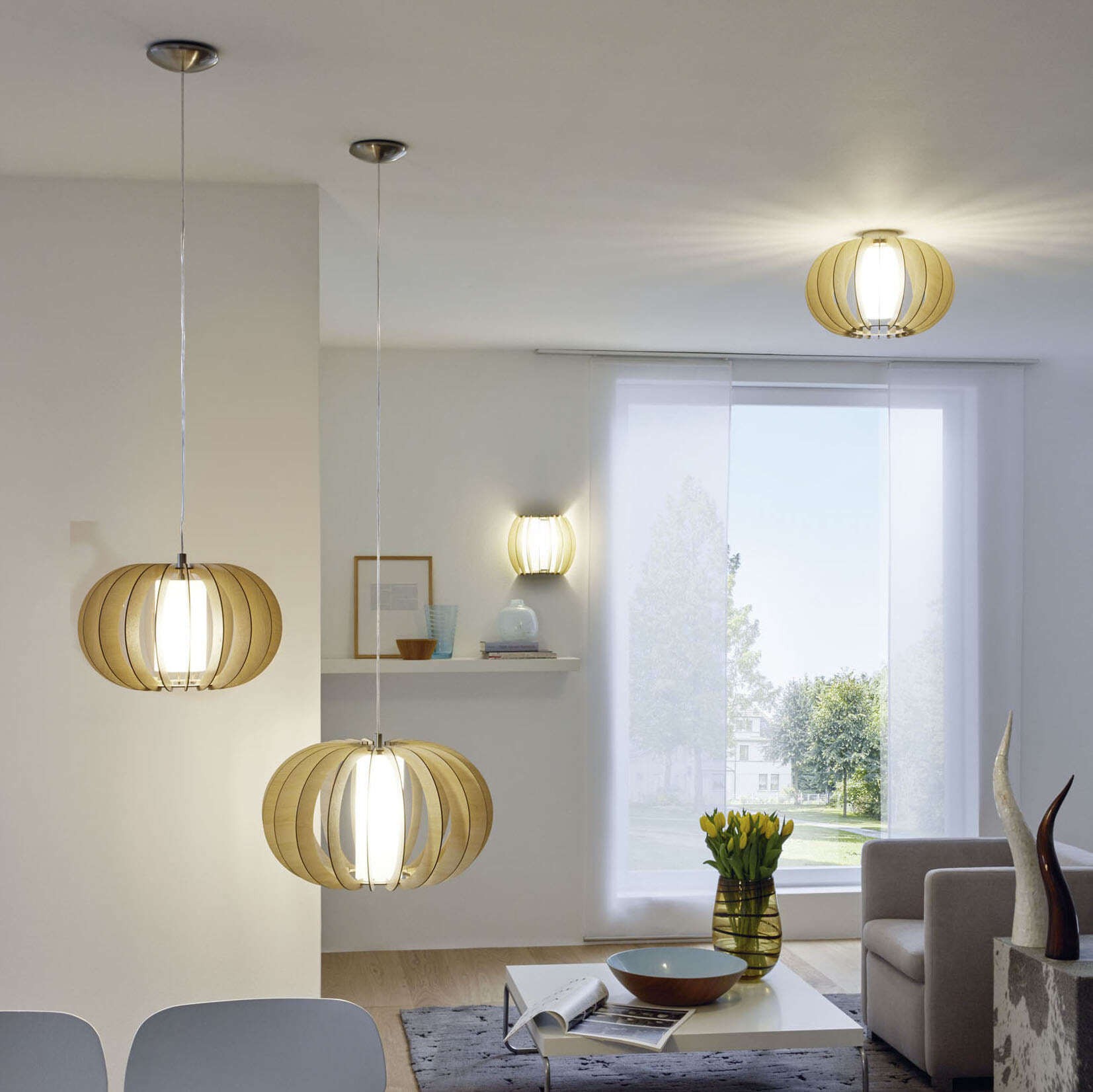 94,95 € Kostenloser Versand | Hängelampe Eglo Stellato 1 60W Ø 50 cm. Stahl, holz und glas. Weiß, braun, nickel, matt nickel und hellbraun Farbe