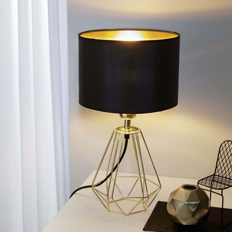 29,95 € Free Shipping | Table lamp Eglo Carlton 2 60W Cylindrical Shape Ø 16 cm. Bedroom, office and work zone. Modern and design Style. Steel and textile. Golden, brass and black Color