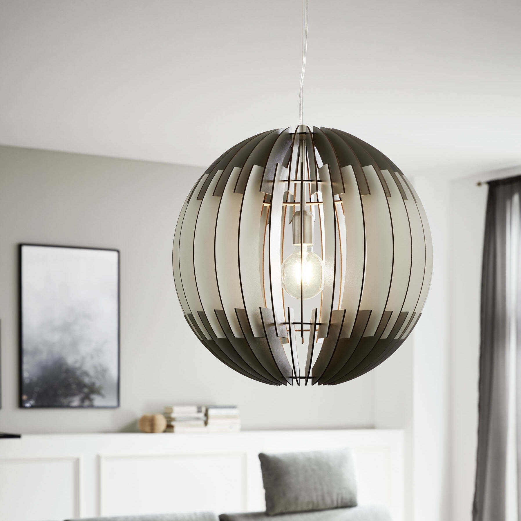 Lampe à suspension Eglo Olmero 60W Ø 50 cm. Acier et bois. Couleur blanc, gris, nickel et nickel mat