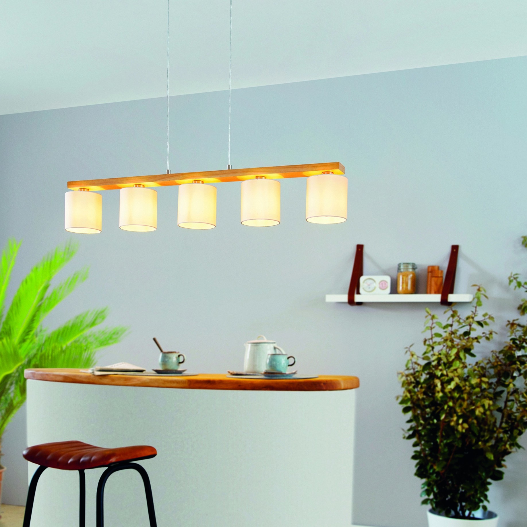 249,95 € Envio grátis | Lâmpada pendurada Eglo Castralvo 140W 121×110 cm. Aço, madeira e têxtil. Cor branco, castanho, níquel e níquel mate