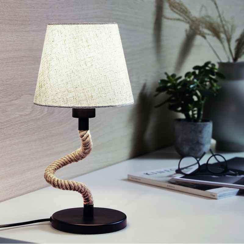 86,95 € Free Shipping | Table lamp Eglo Rampside 28W Cylindrical Shape Ø 19 cm. Bedroom, office and work zone. Rustic, retro and vintage Style. Steel and Textile. Cream and black Color