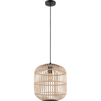 87,95 € Free Shipping | Hanging lamp Eglo Bordesley 28W Cylindrical Shape Ø 35 cm. Living room and dining room. Rustic, retro and vintage Style. Steel and wood. Black and natural Color