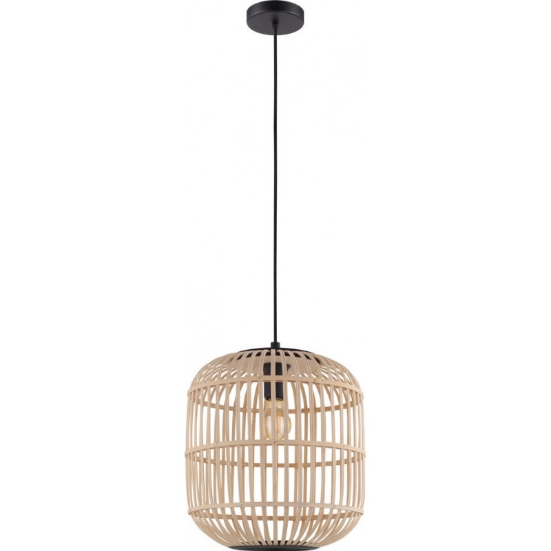 87,95 € Free Shipping | Hanging lamp Eglo Bordesley 28W Cylindrical Shape Ø 35 cm. Living room and dining room. Rustic, retro and vintage Style. Steel and Wood. Black and natural Color