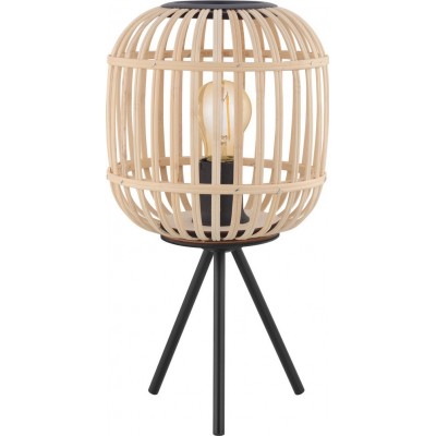 59,95 € Free Shipping | Table lamp Eglo Bordesley 28W Cylindrical Shape Ø 21 cm. Bedroom, office and work zone. Rustic, retro and vintage Style. Steel and Wood. Black and natural Color
