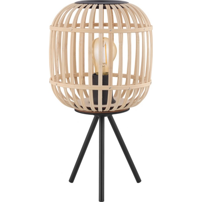 59,95 € Free Shipping | Table lamp Eglo Bordesley 28W Cylindrical Shape Ø 21 cm. Bedroom, office and work zone. Rustic, retro and vintage Style. Steel and Wood. Black and natural Color