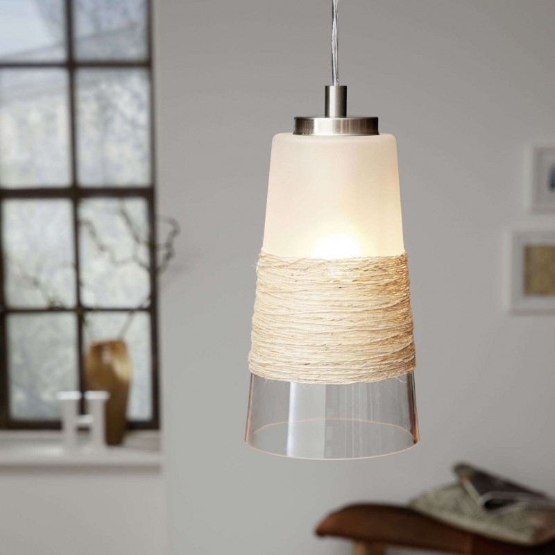 Hanging lamp Eglo Burnham 60W Conical Shape Ø 15 cm. Living room and dining room. Sophisticated and design Style. Steel, raffia and glass. White, nickel, matt nickel and natural Color