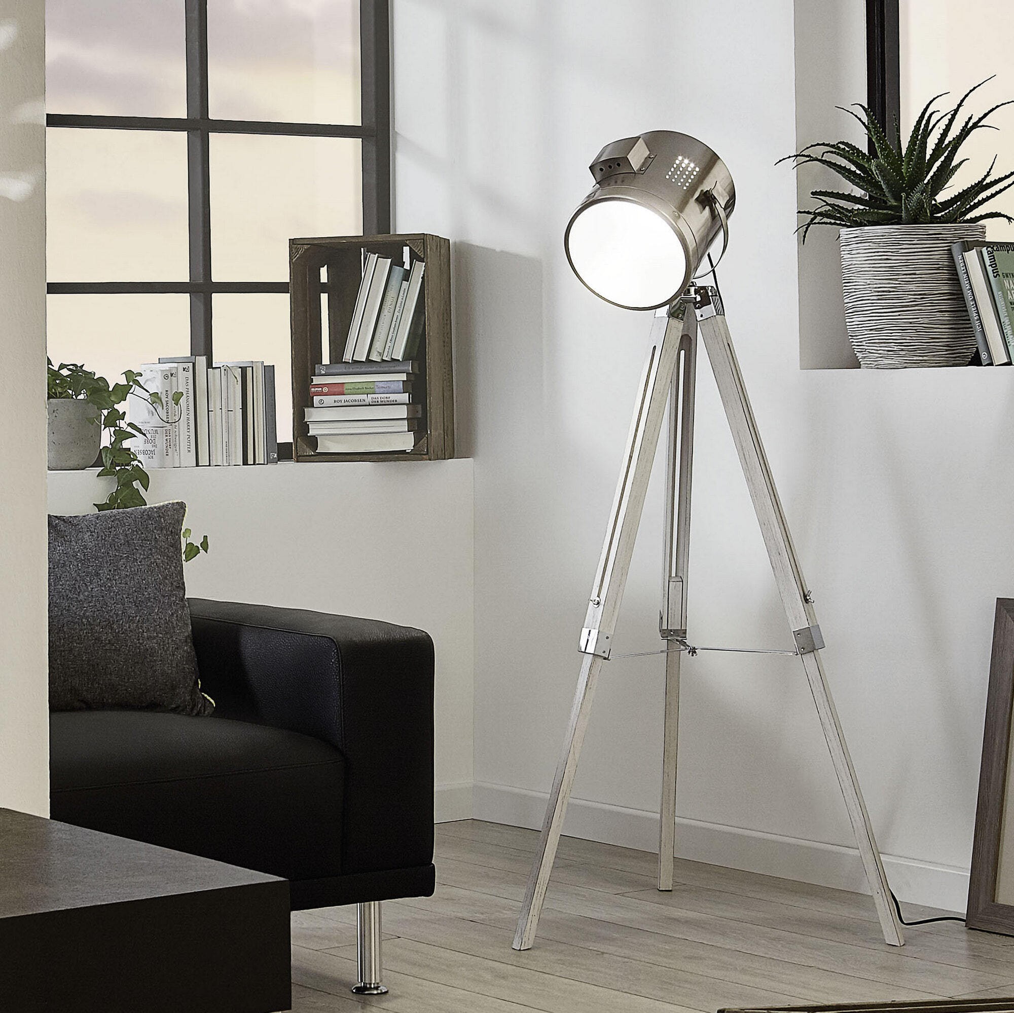 Lampadaire Eglo Upstreet 60W Ø 70 cm. Acier et bois. Couleur blanc, noir et noir mat