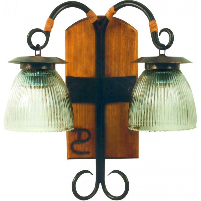 42,95 € Envío gratis | Aplique de pared interior Campiluz 80W 44×35 cm. Cola de chancho de 2 brazos Metal y madera. Color marrón antiguo y negro